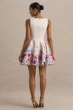 Gemstone Light Pink Floral Print Square Neck Skater Mini Dress