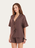 Chocolate Stripe Cotton Tie Front Short Sleeve Shirt
