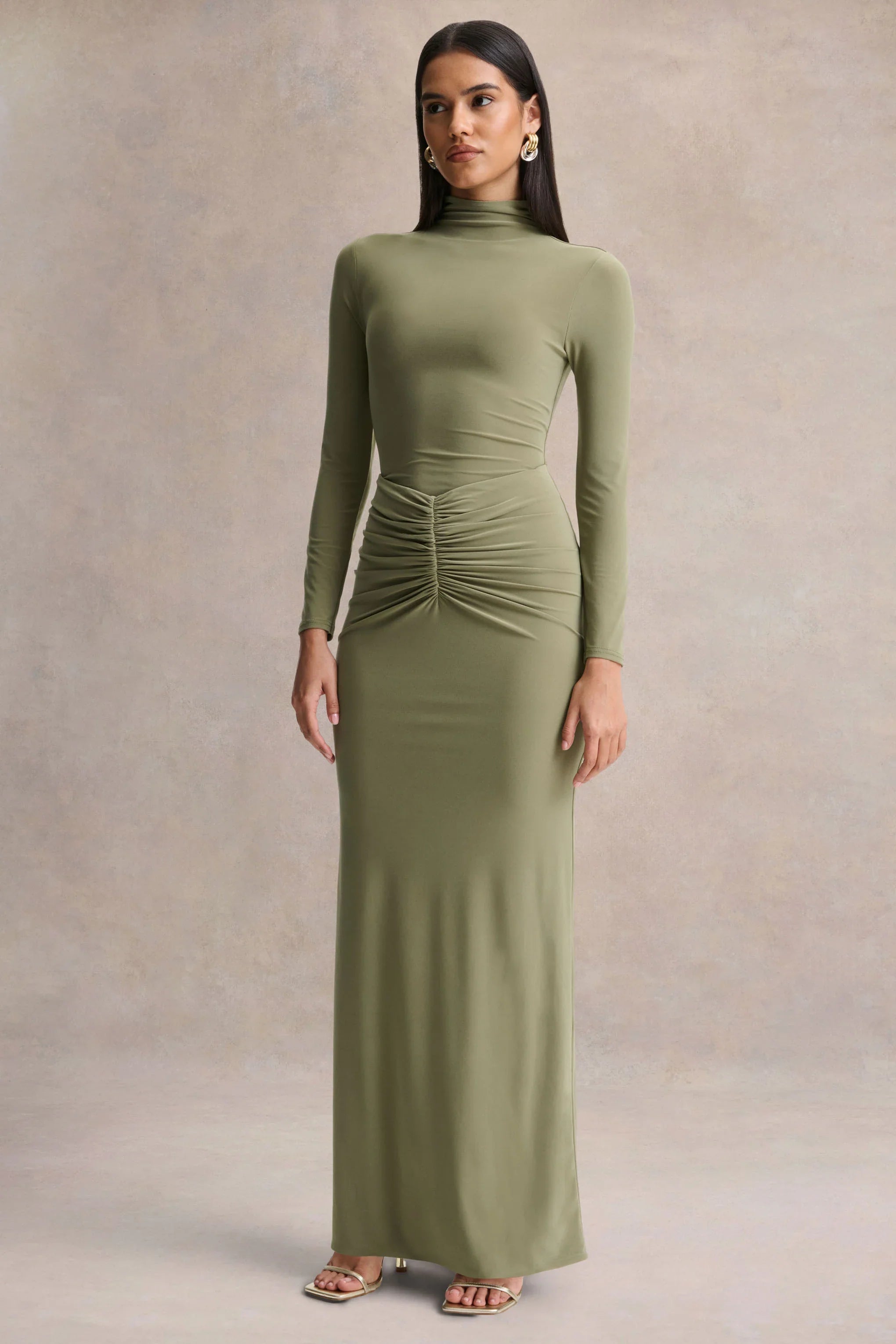 Persis Olive High Neck Maxi Dress With Gathered Detailing