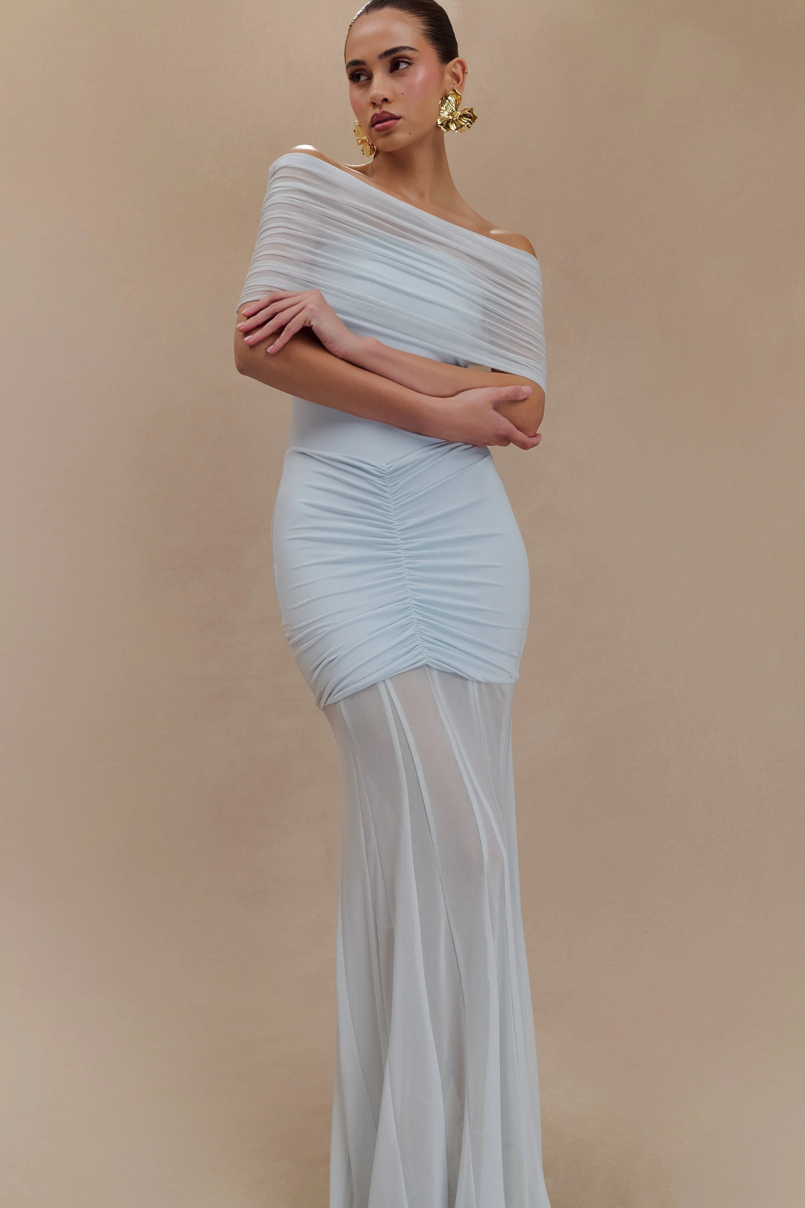 Caspian Slinky And Mesh Off Shoulder Maxi Dress Pale Blue