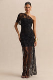 Fressia Black Lace Asymmetric Neck Maxi Dress With Draped Detailing