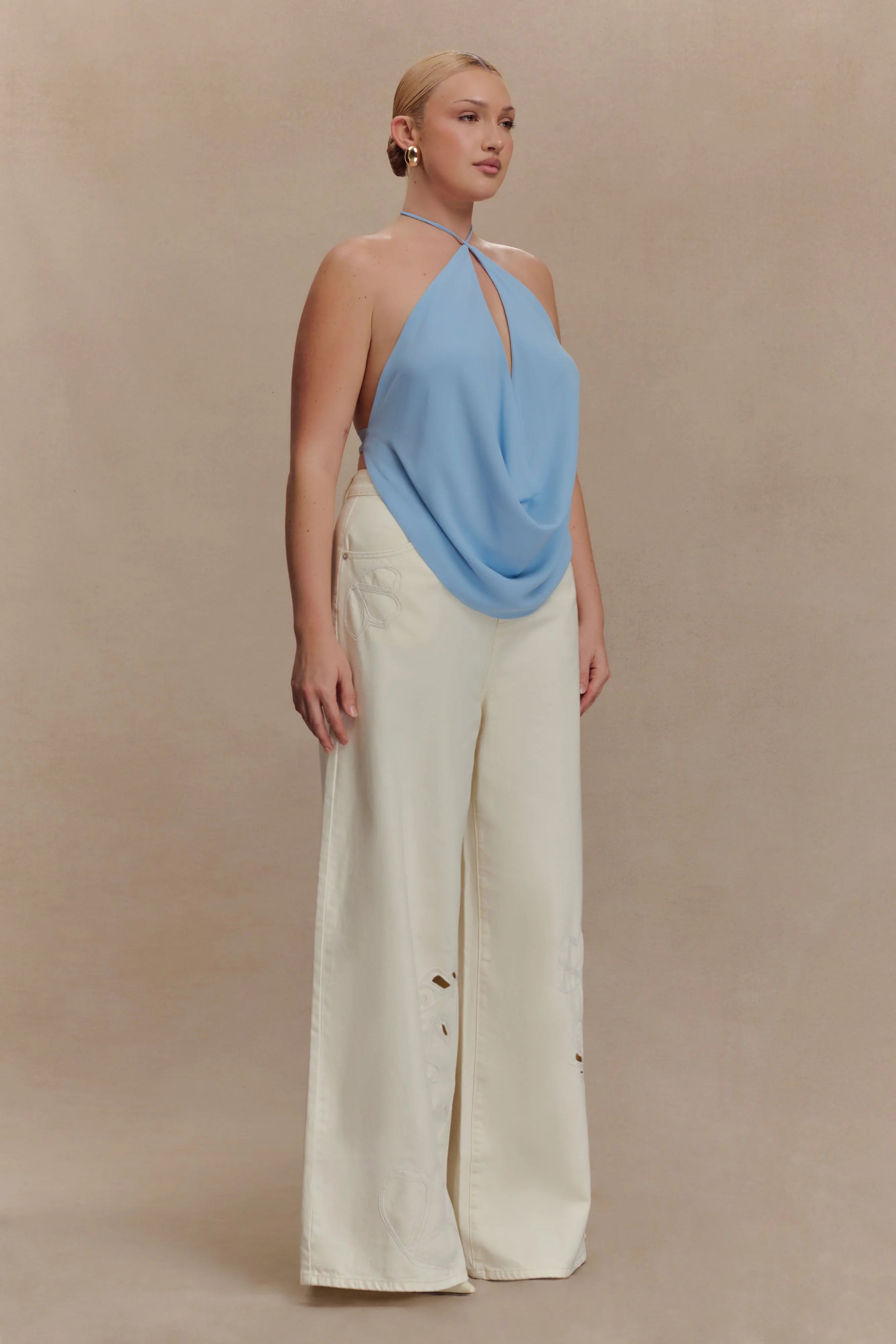 Katalina Chiffon Cowl Halter Top Sky Blue