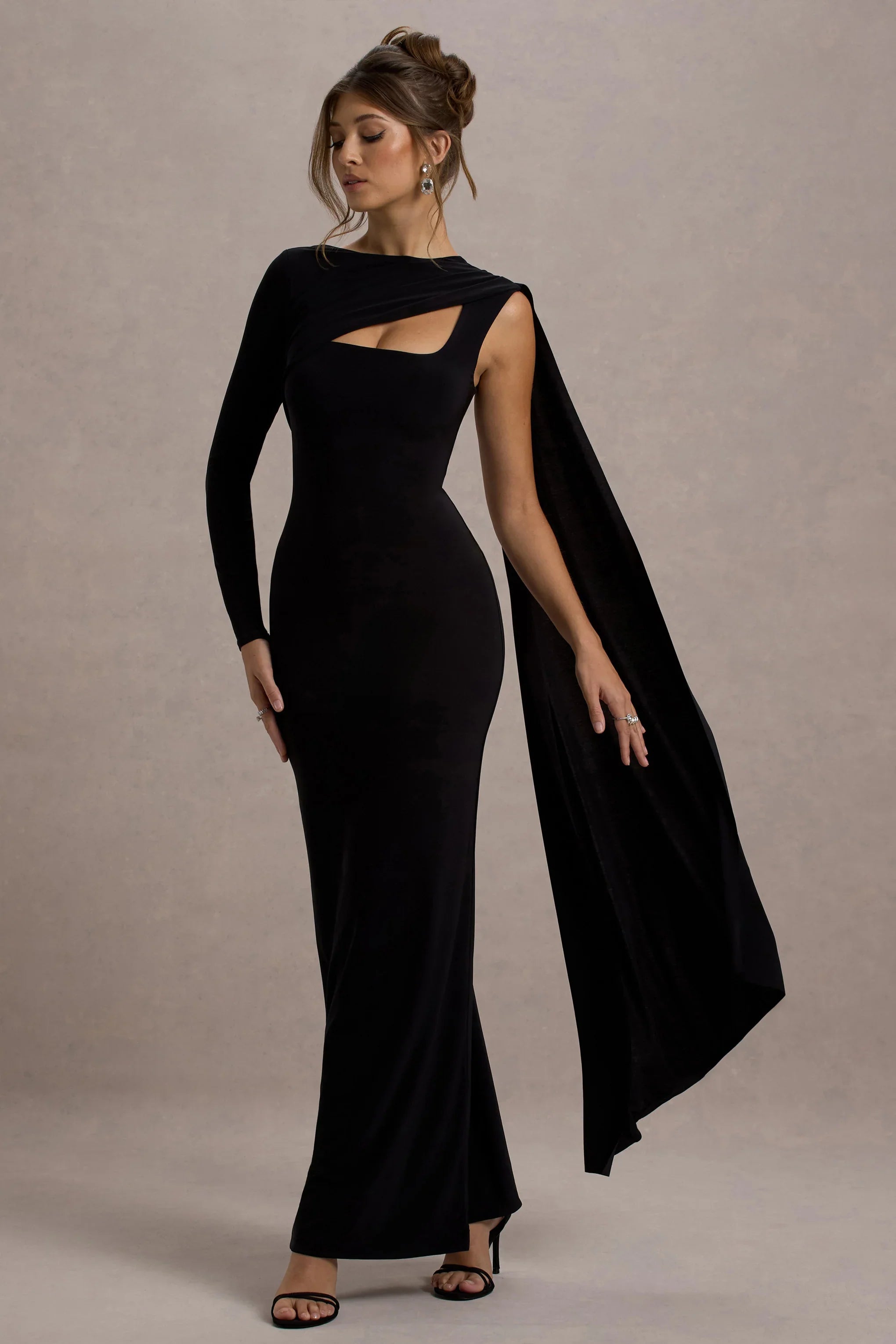 Ashini Black One Sleeve Maxi Dress With Cape