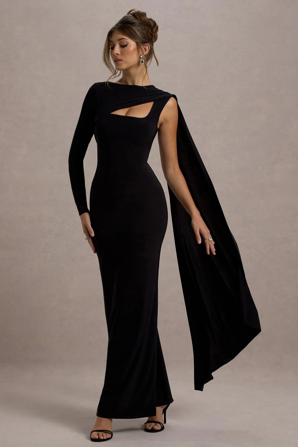 Ashini Black One Sleeve Maxi Dress With Cape