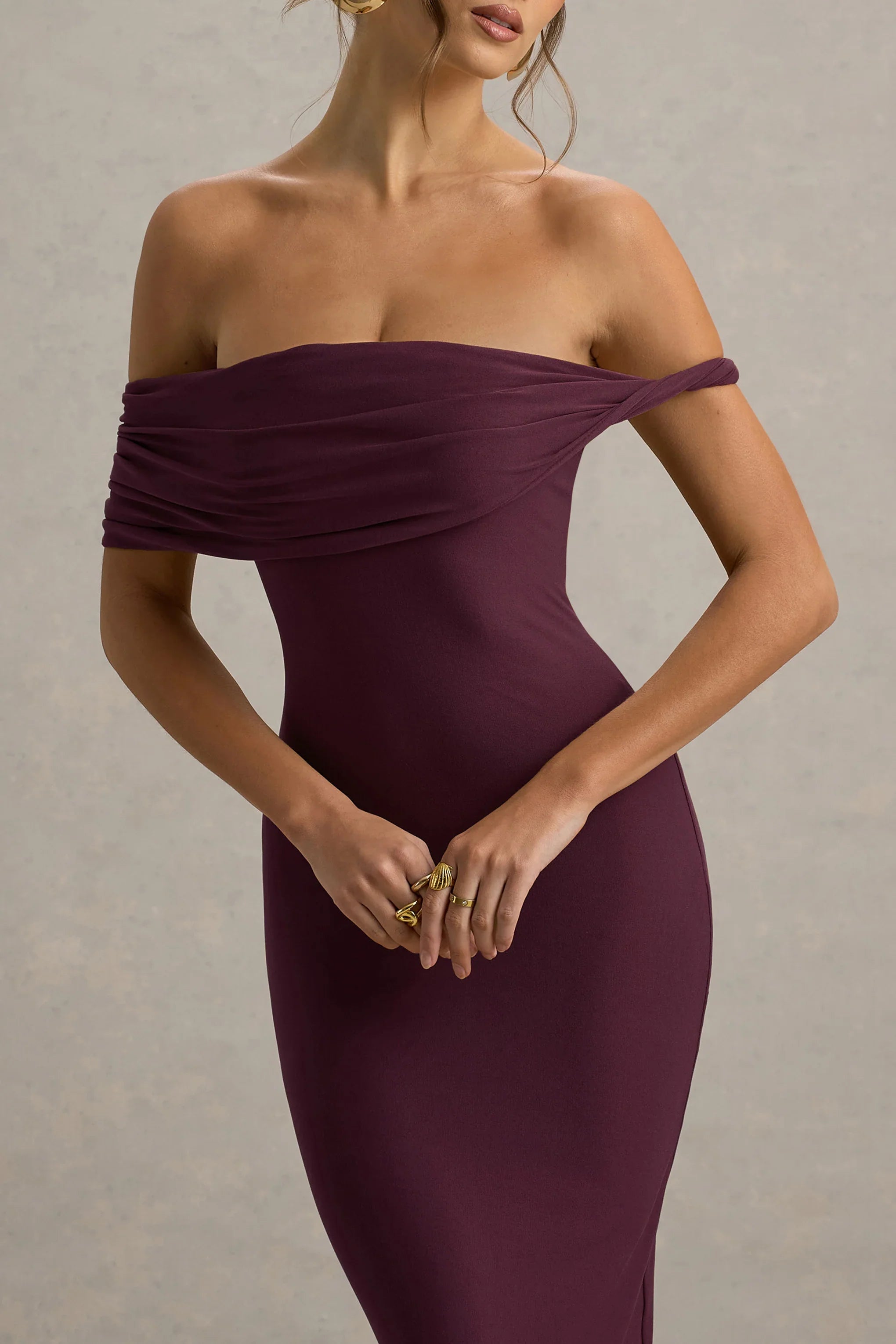 Melika Burgundy Twisted Bardot Maxi Dress