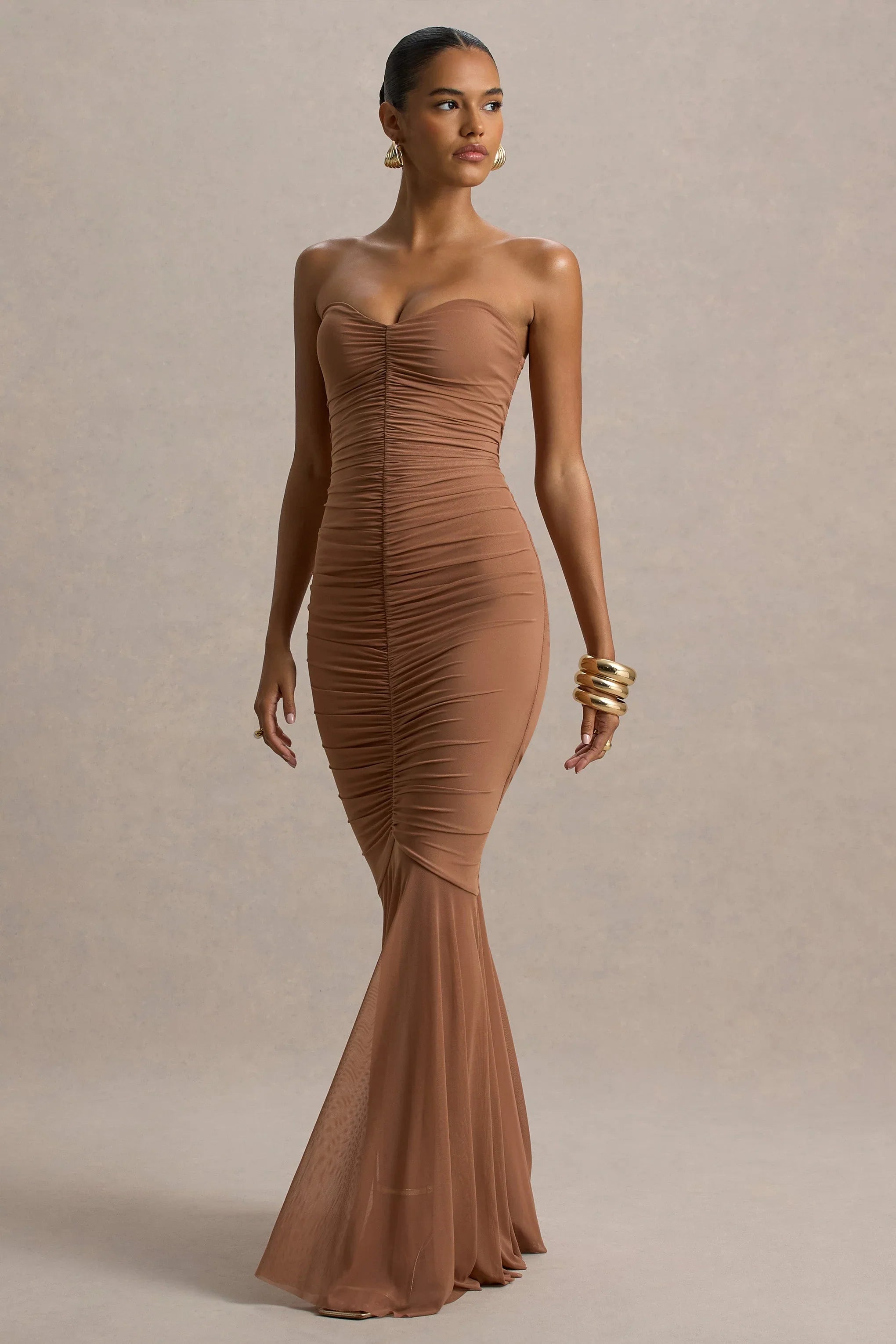 Talisa Mocha Bandeau Ruched Maxi Dress With Mesh Fishtail