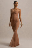 Talisa Mocha Bandeau Ruched Maxi Dress With Mesh Fishtail