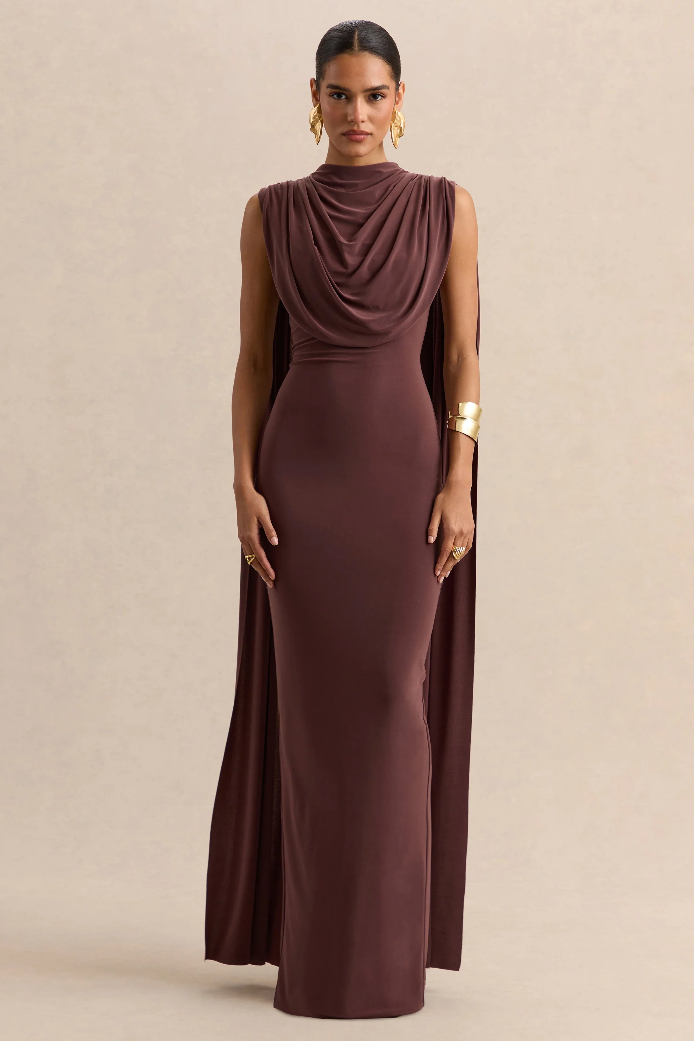 Patrina Brown High Neck Maxi Dress With Draped Detailing And Cape Sleeves
