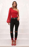 Orion Sheer Sleeve Ruched Bodysuit in Red