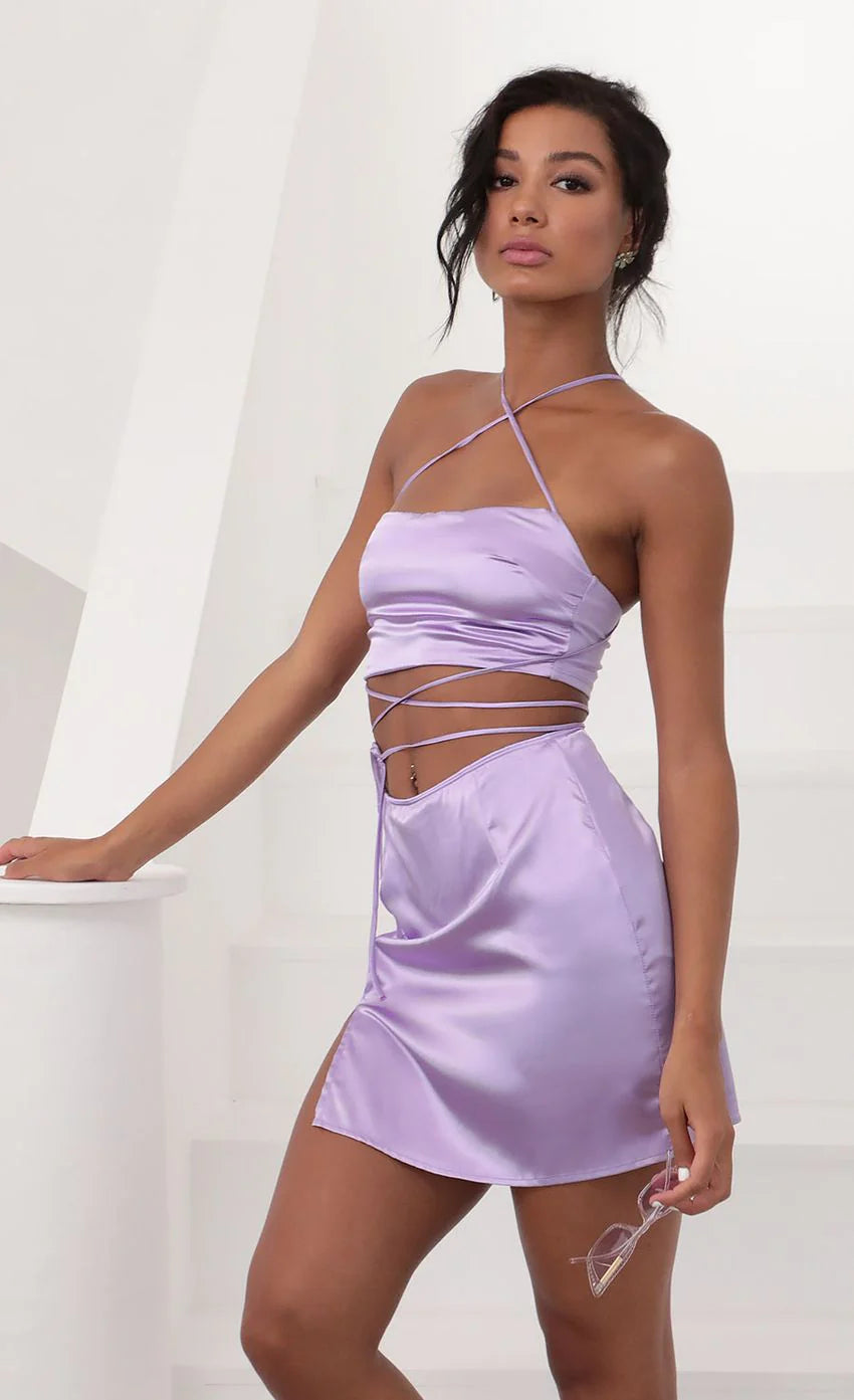Leopard Satin Set in Lilac