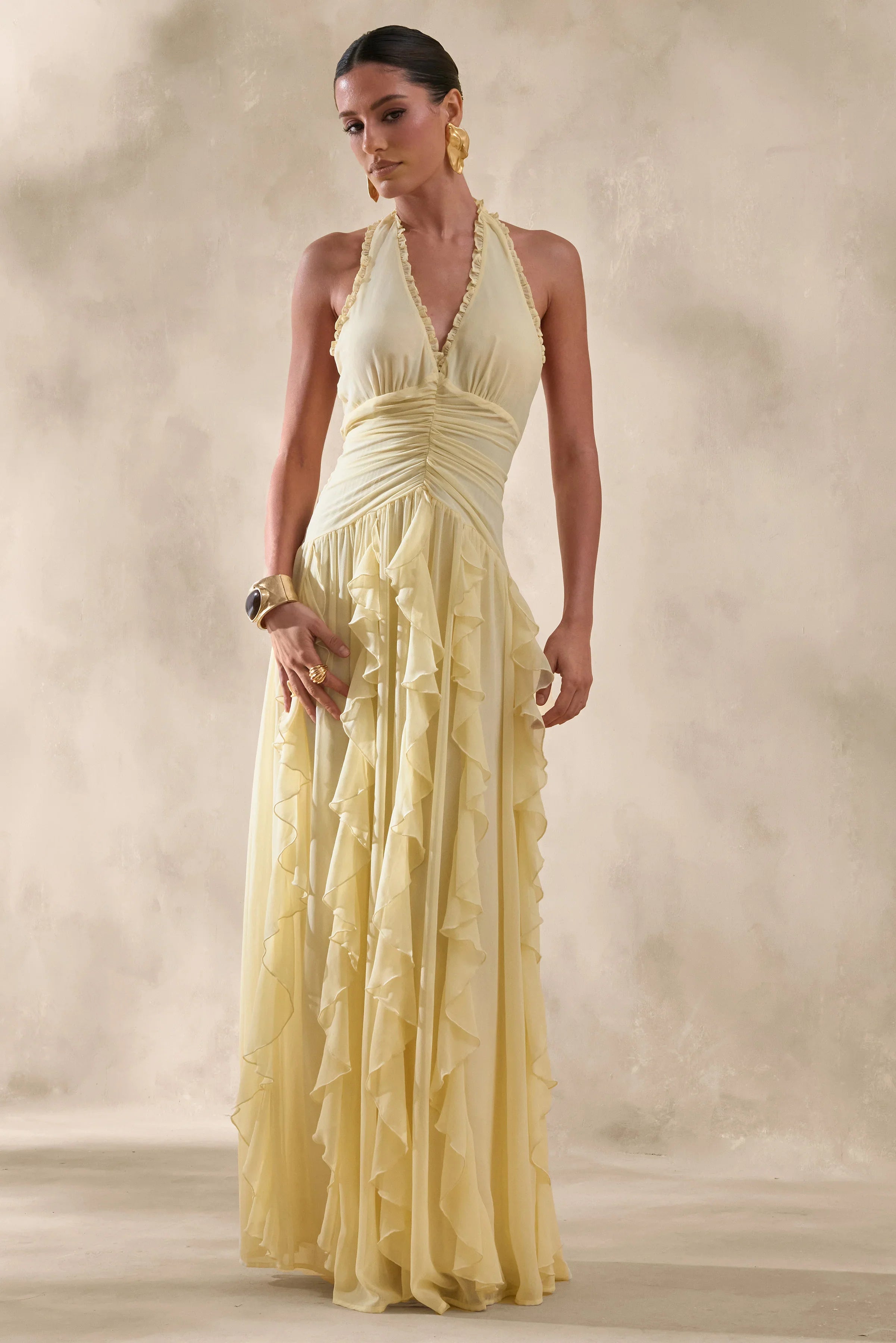 Bea Lemon Plunge Neck Ruffled Maxi Dress