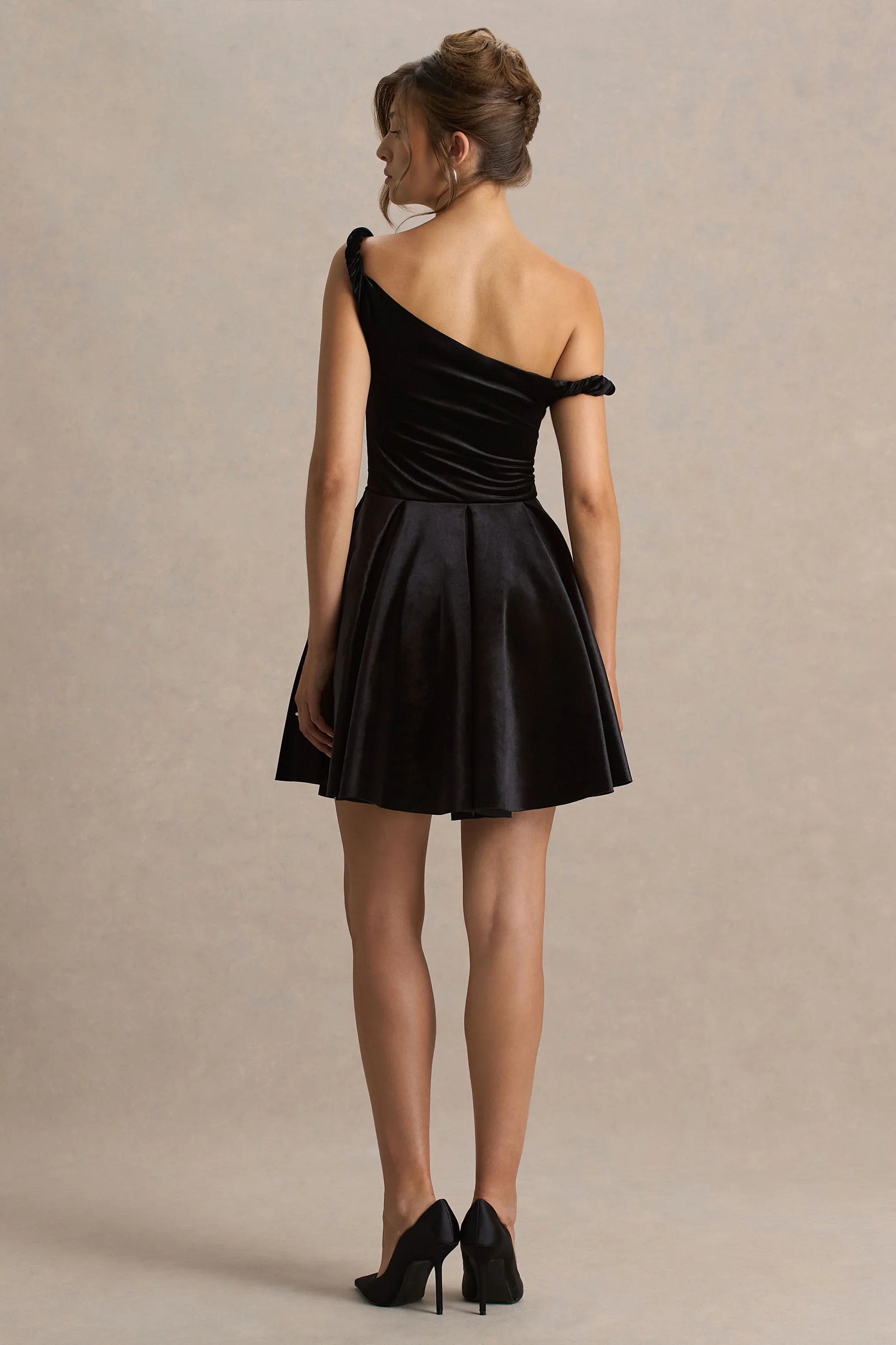 Leticia Black Asymmetric Neck Velvet Mini Dress With Twist Sleeve