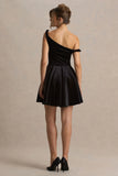 Leticia Black Asymmetric Neck Velvet Mini Dress With Twist Sleeve