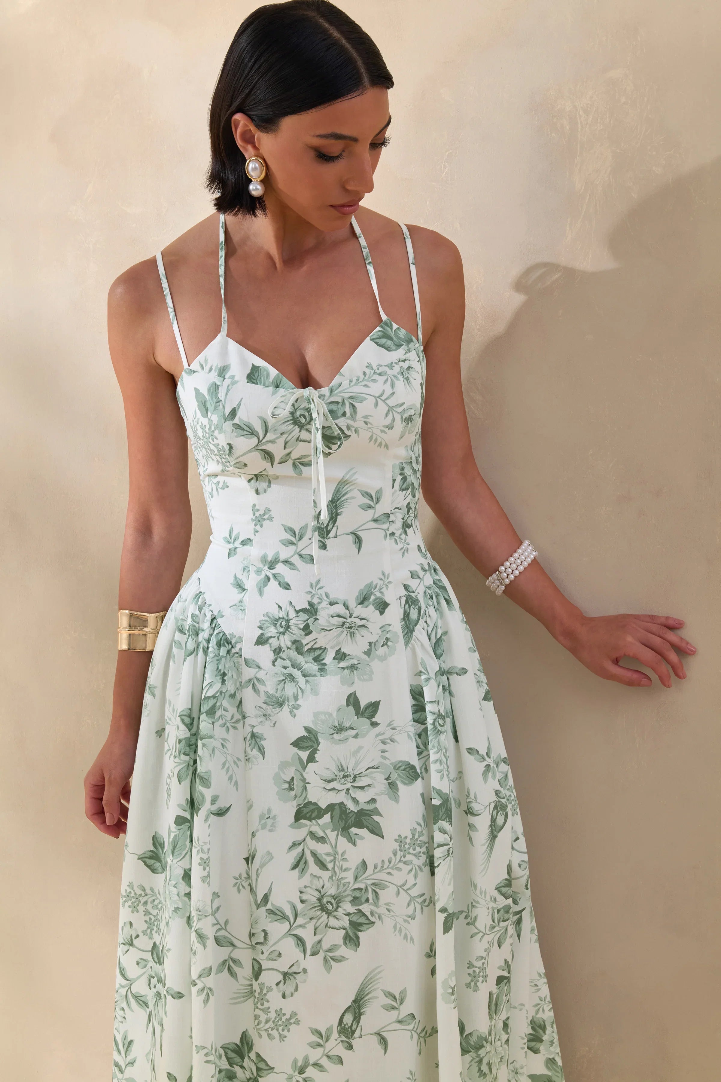 Audrey Green Floral Print Sweetheart Neck Midi Dress With Ruching Detail
