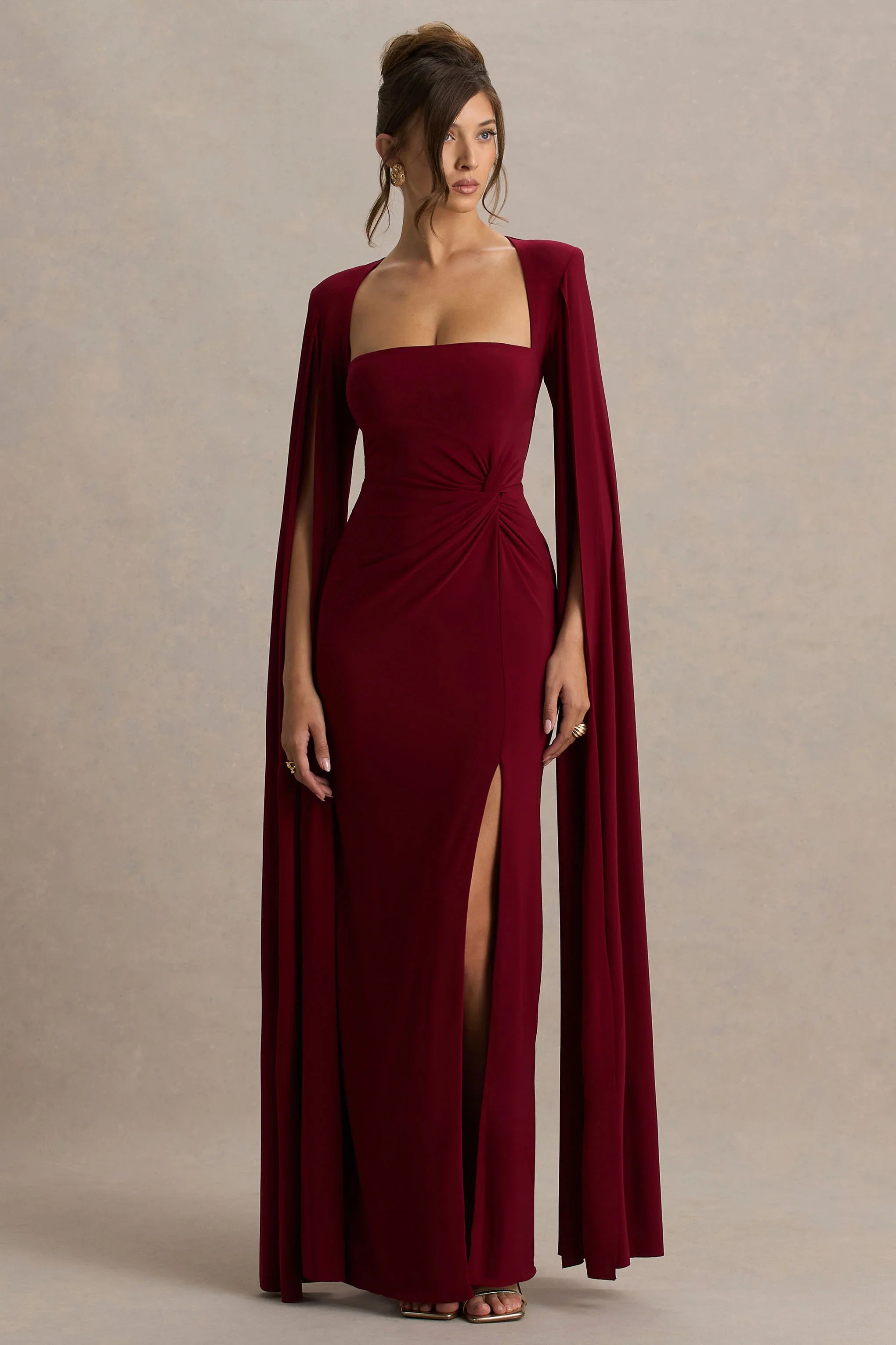 Claretta Berry Square Neck Twisted Maxi Dress With Cape Sleeves