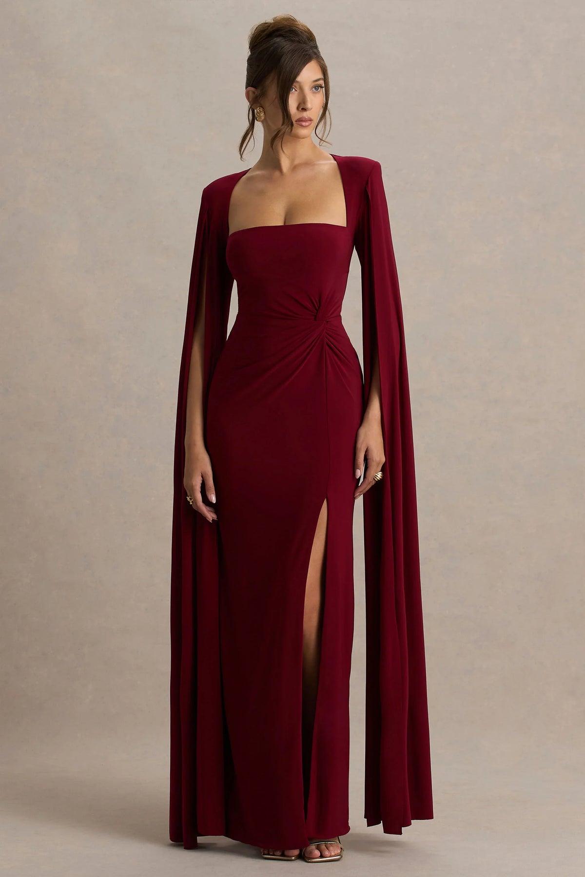 Claretta Berry Square Neck Twisted Maxi Dress With Cape Sleeves