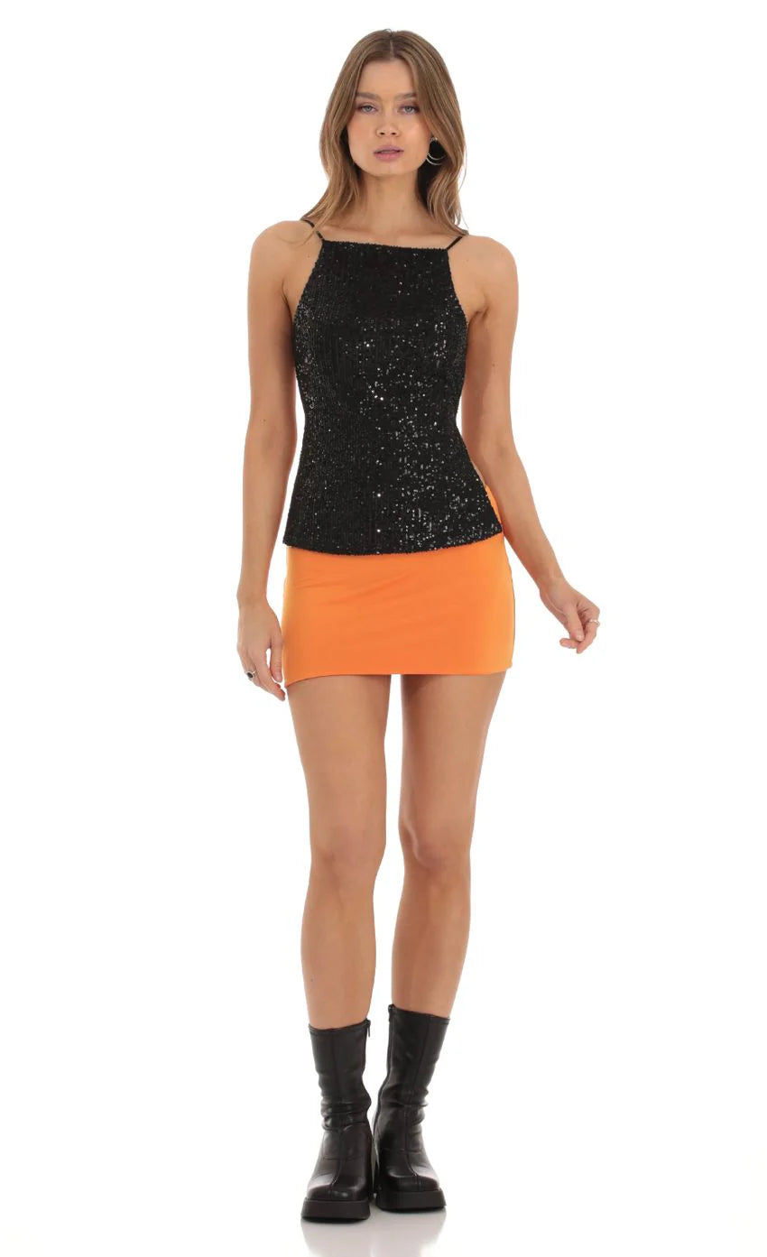 Sequin Open Back Top in Black