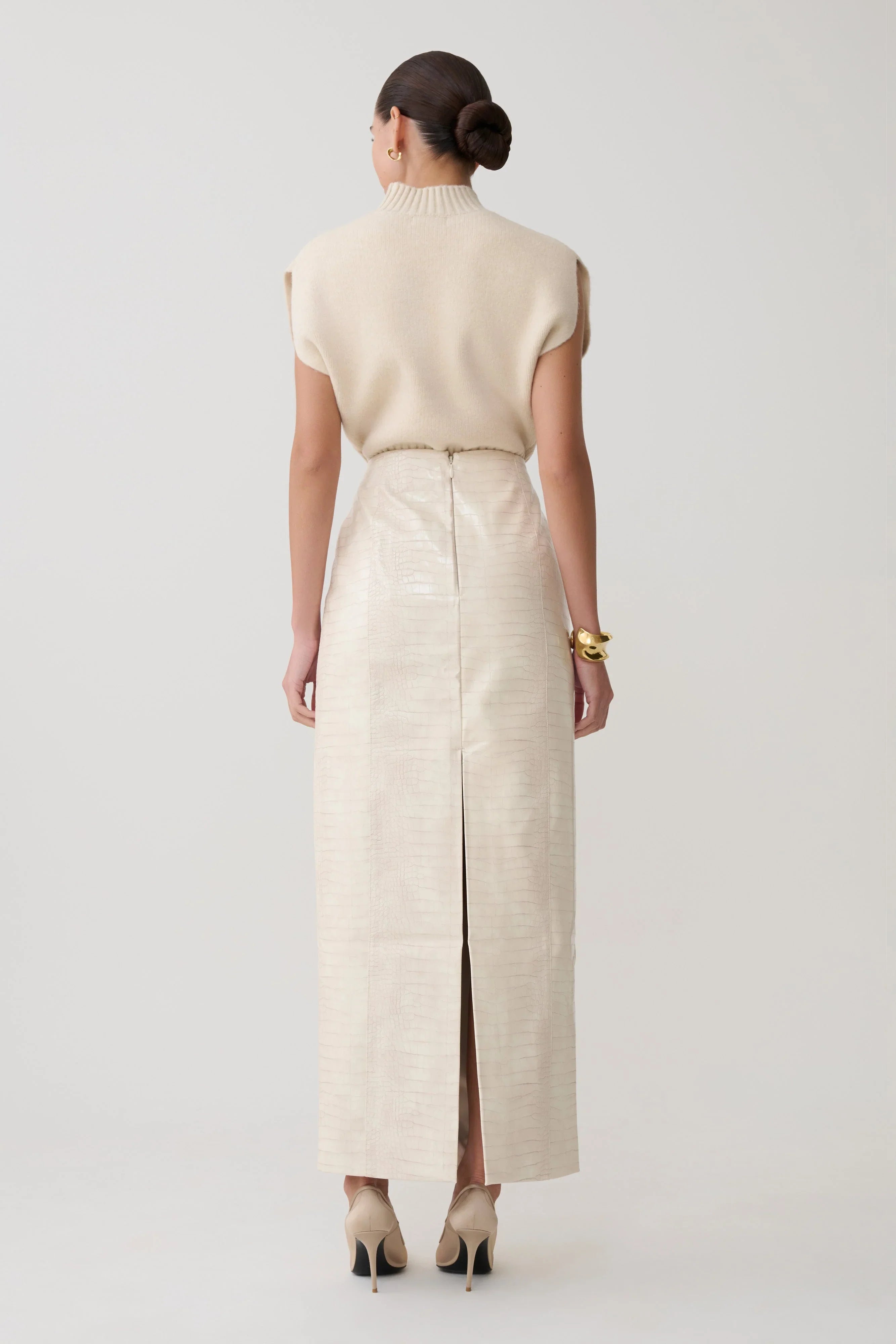 Thalia Croc Faux Leather Midi Skirt Ivory