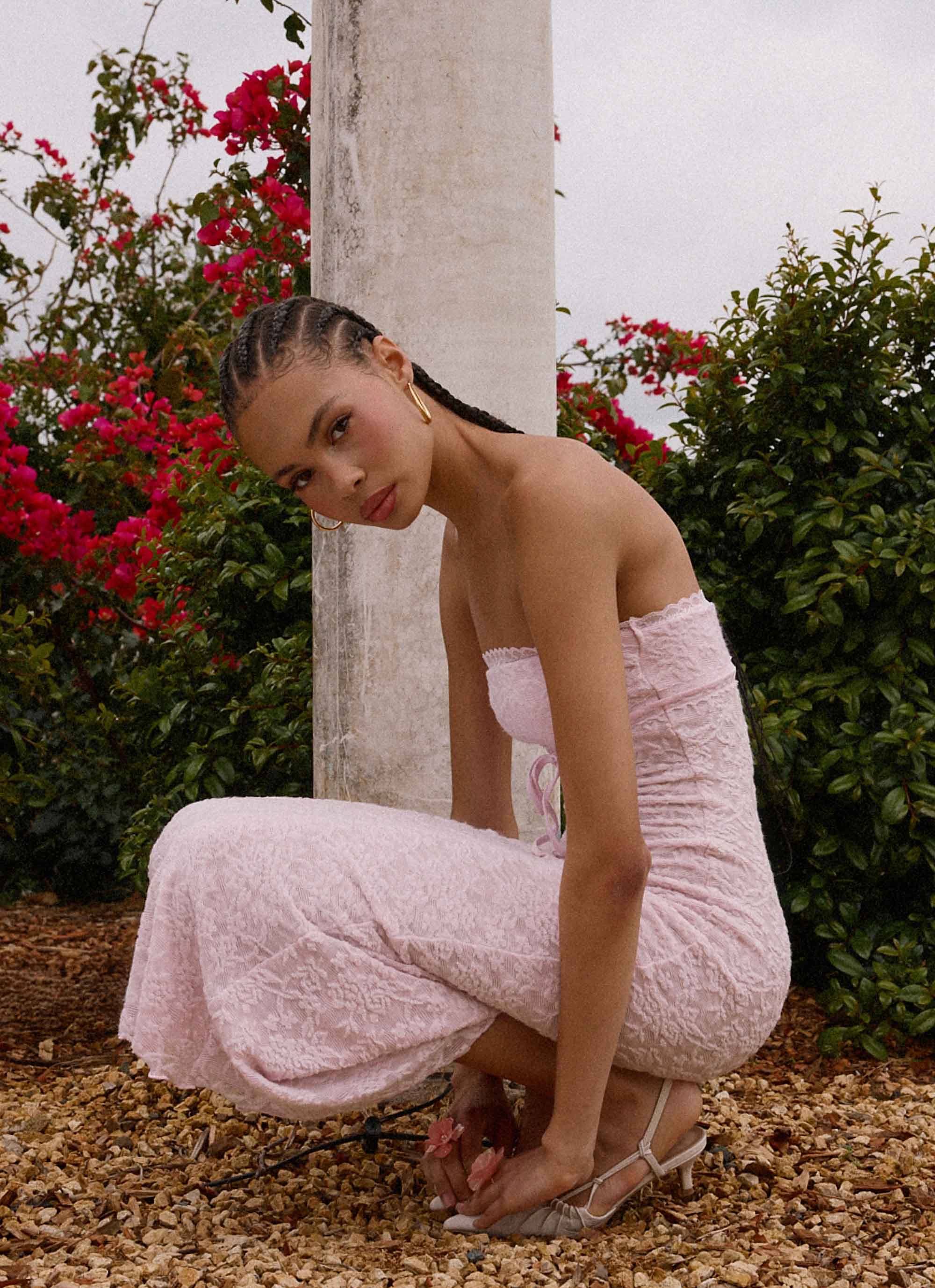 Alida Strapless Jacquard Midi Dress Pink