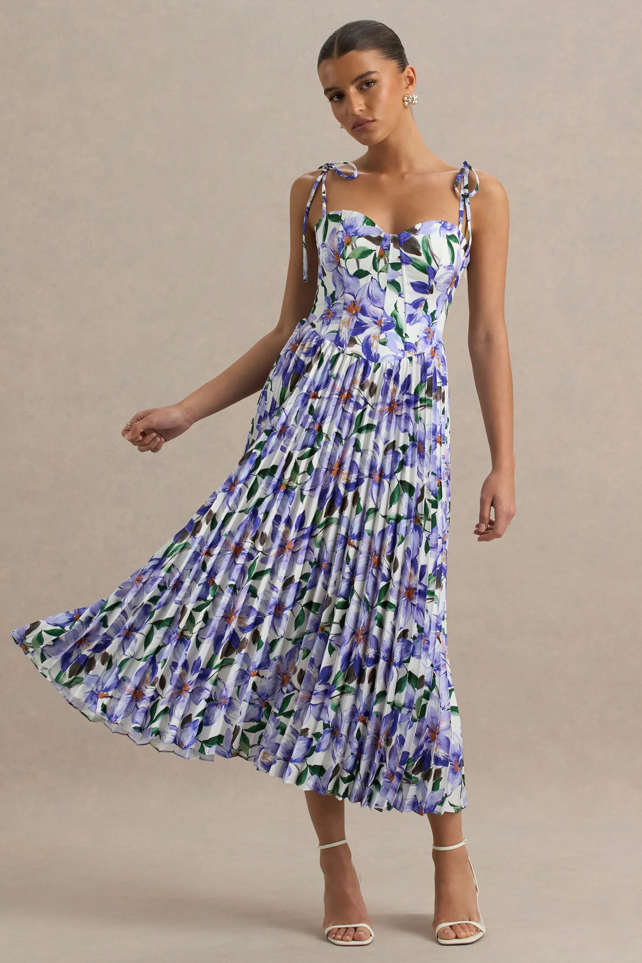 Peyton Purple Lily Print Satin Sweetheart Neck Midi Dress With Pleated Details