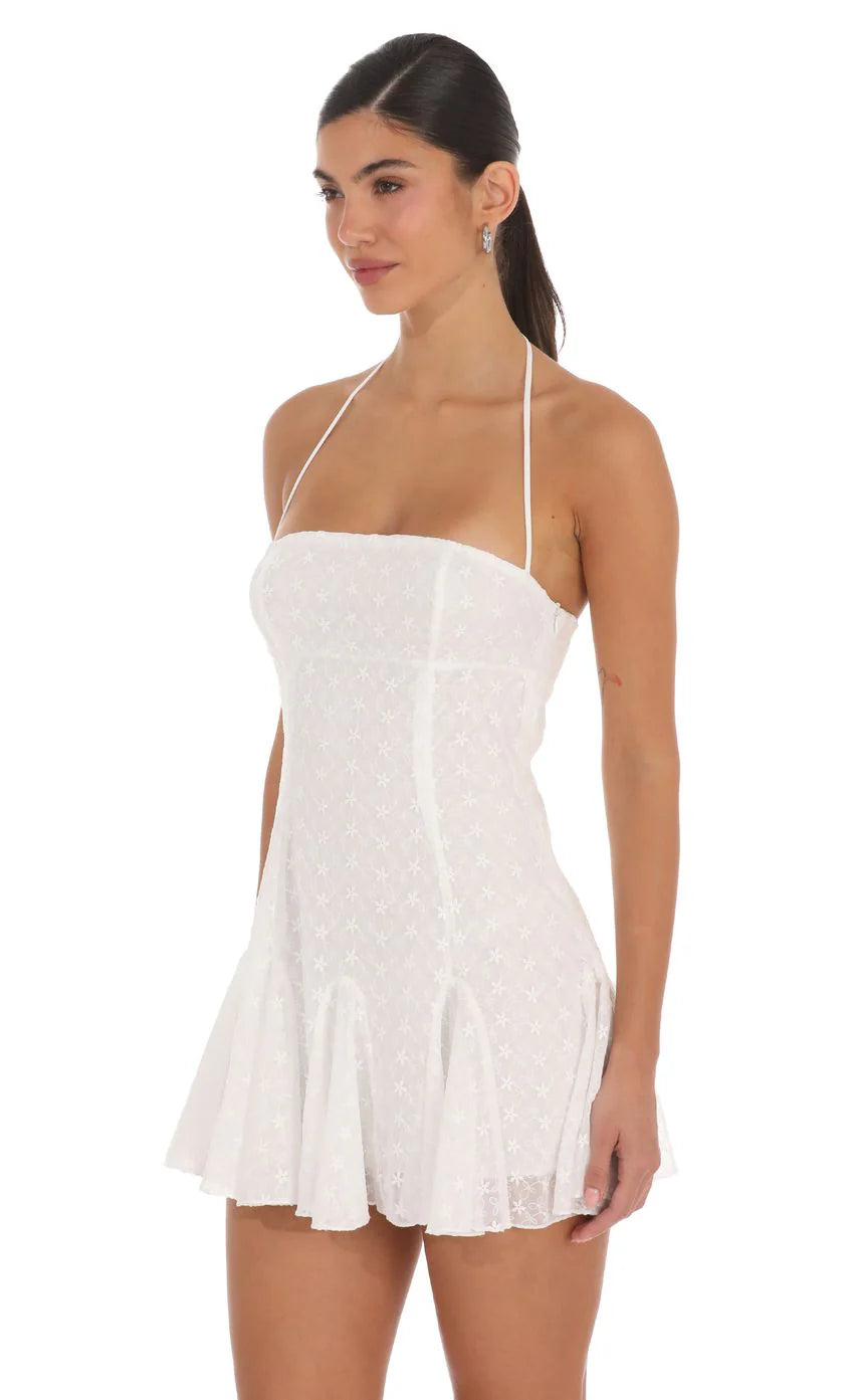 Embroidered Floral Flared Mini Dress in White