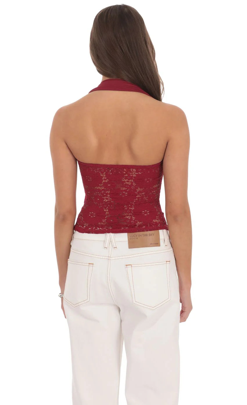 Lace Halter Top in Red