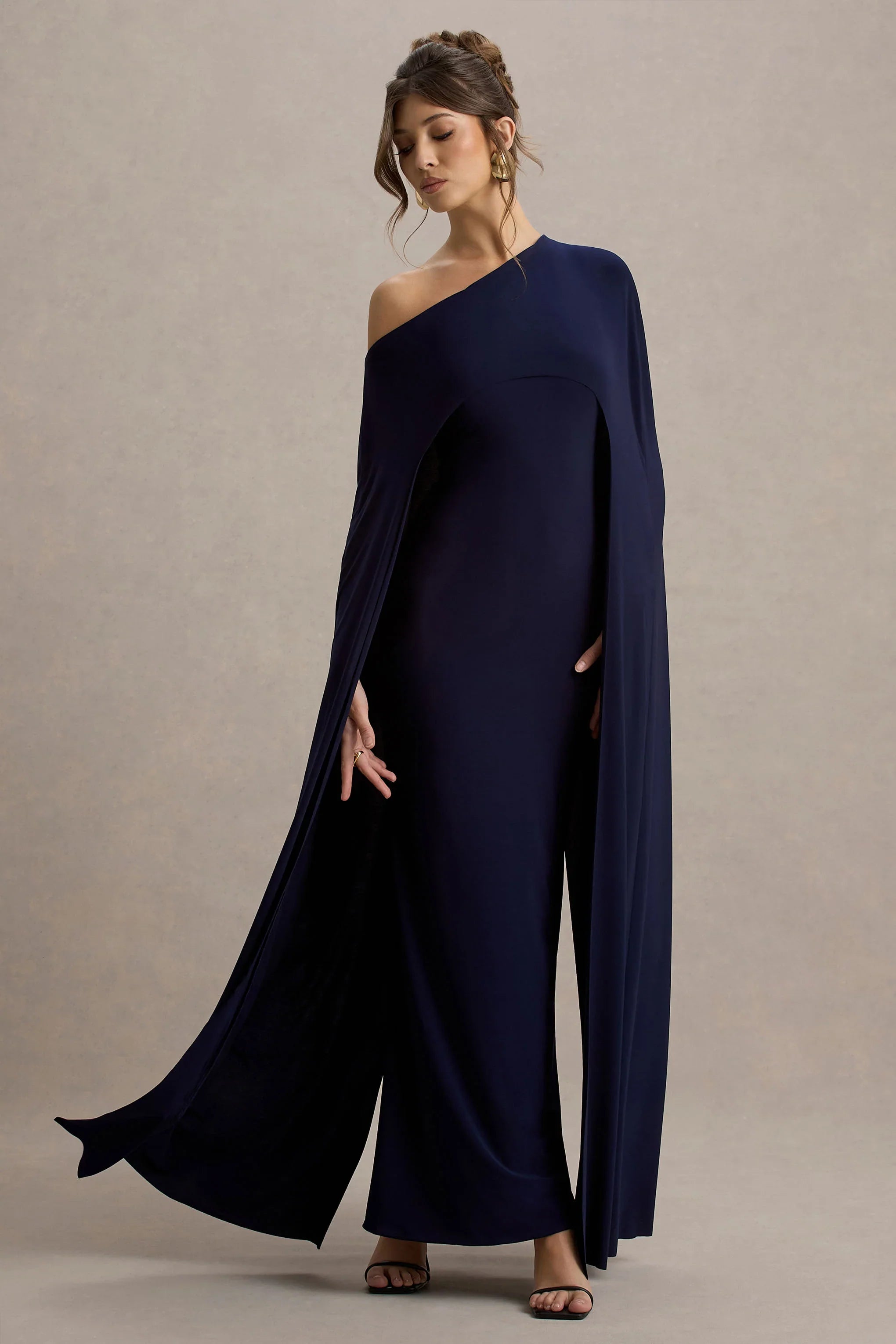 Florentina Navy One Shoulder Cape Maxi Dress
