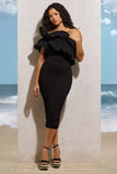 When In Rome Black Asymmetric Ruffle Midi Dress