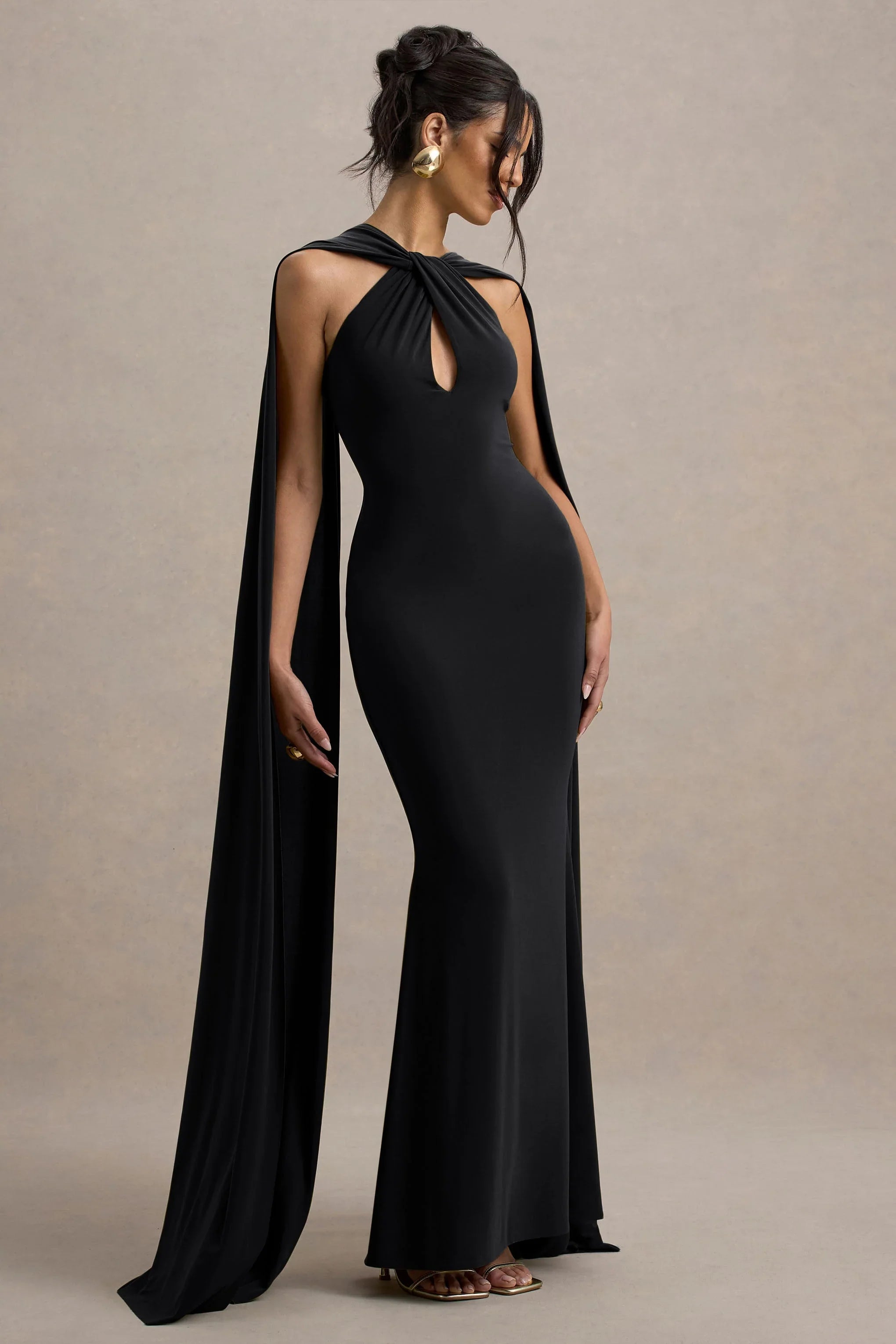 Rhoda Black Twist Halter Neck Cape Maxi Dress