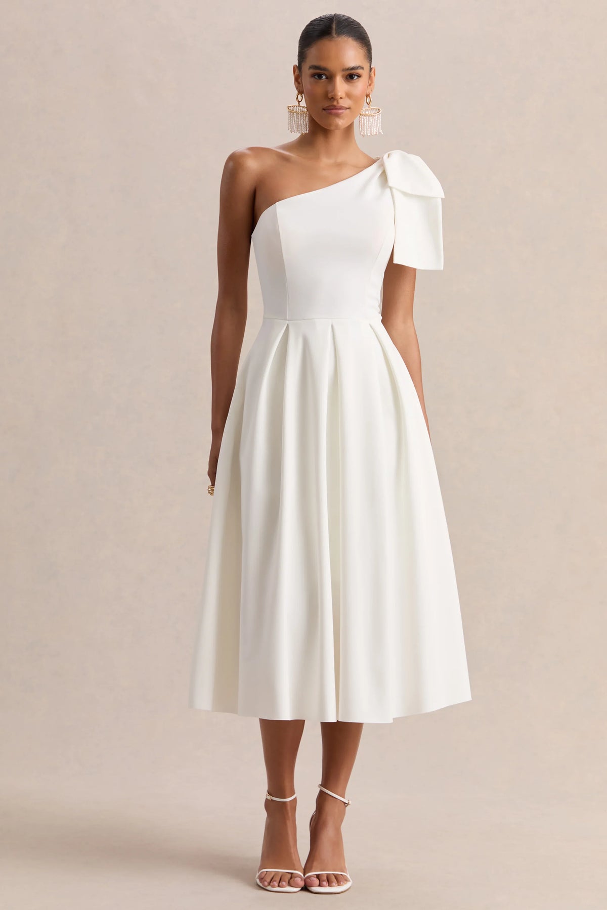Meria White Asymmetric Neck Midi Dress With Bow Sleeve