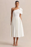 Meria White Asymmetric Neck Midi Dress With Bow Sleeve