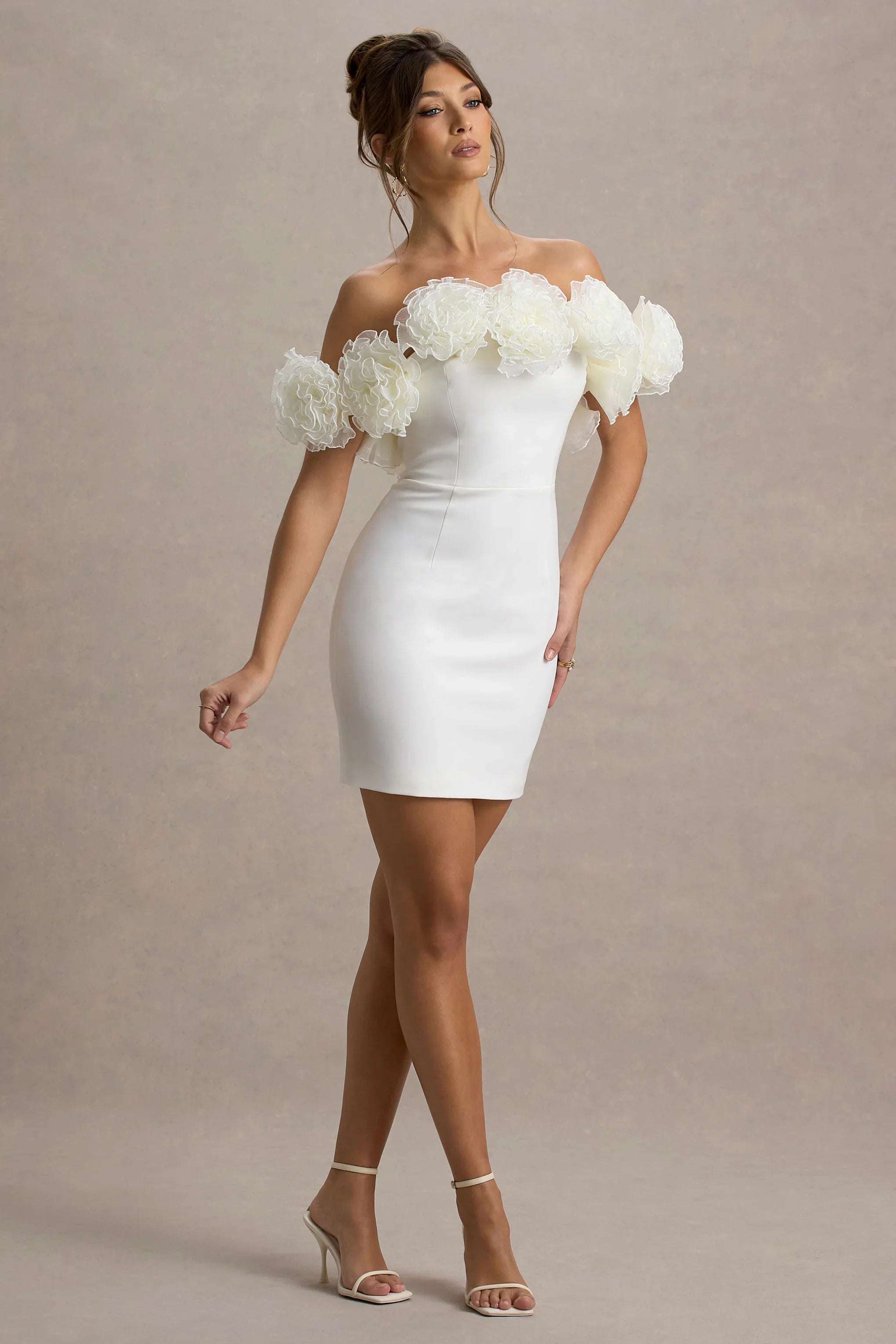 Von White Bardot Mini Dress With Ruffle Trim
