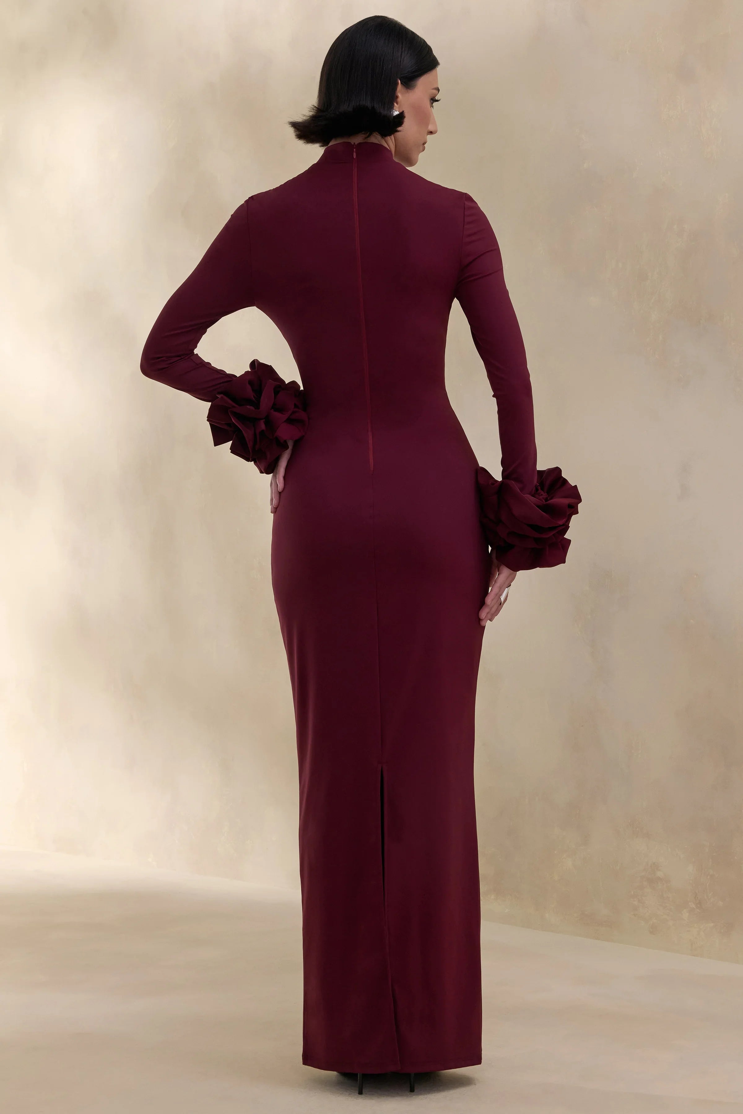 Jaselle Dark Plum High Neck Maxi Dress With Ruffled Satin Cuffs