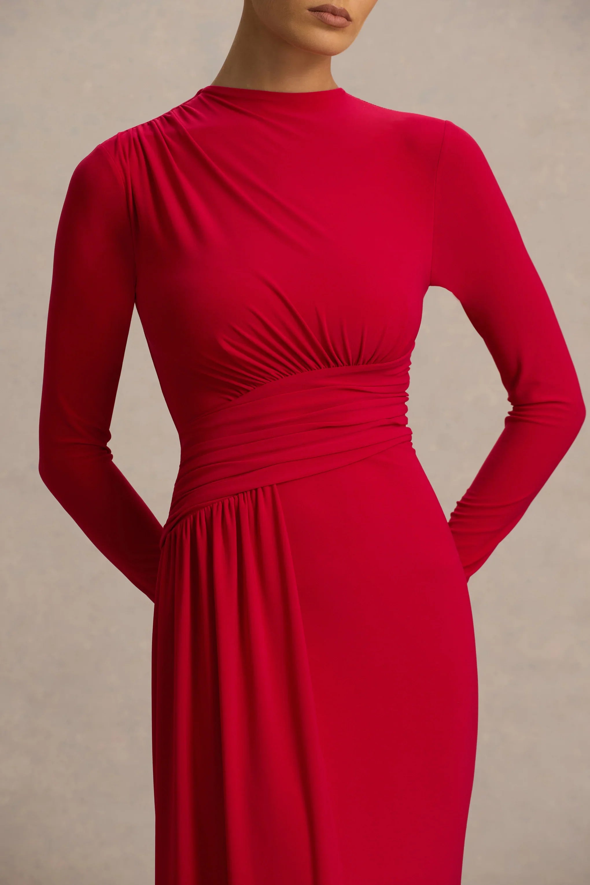 Virelle Red Boat Neck Maxi Dress With Wrap Detail And Sash