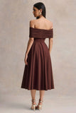Dearest Brown Bardot Neck Midi Dress
