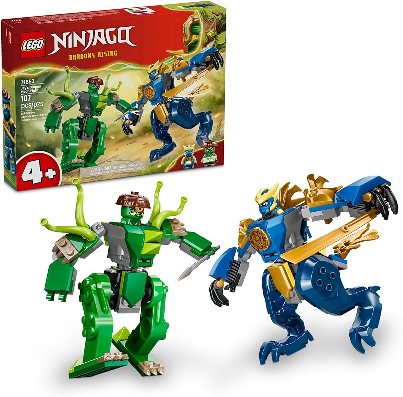 LEGO NINJAGO Jays Dragon Mech Fight Building Toy Pretend Play Set for Boys Girls Ages 4 Includes 2 Minifigures Gifts for Birthdays 71853