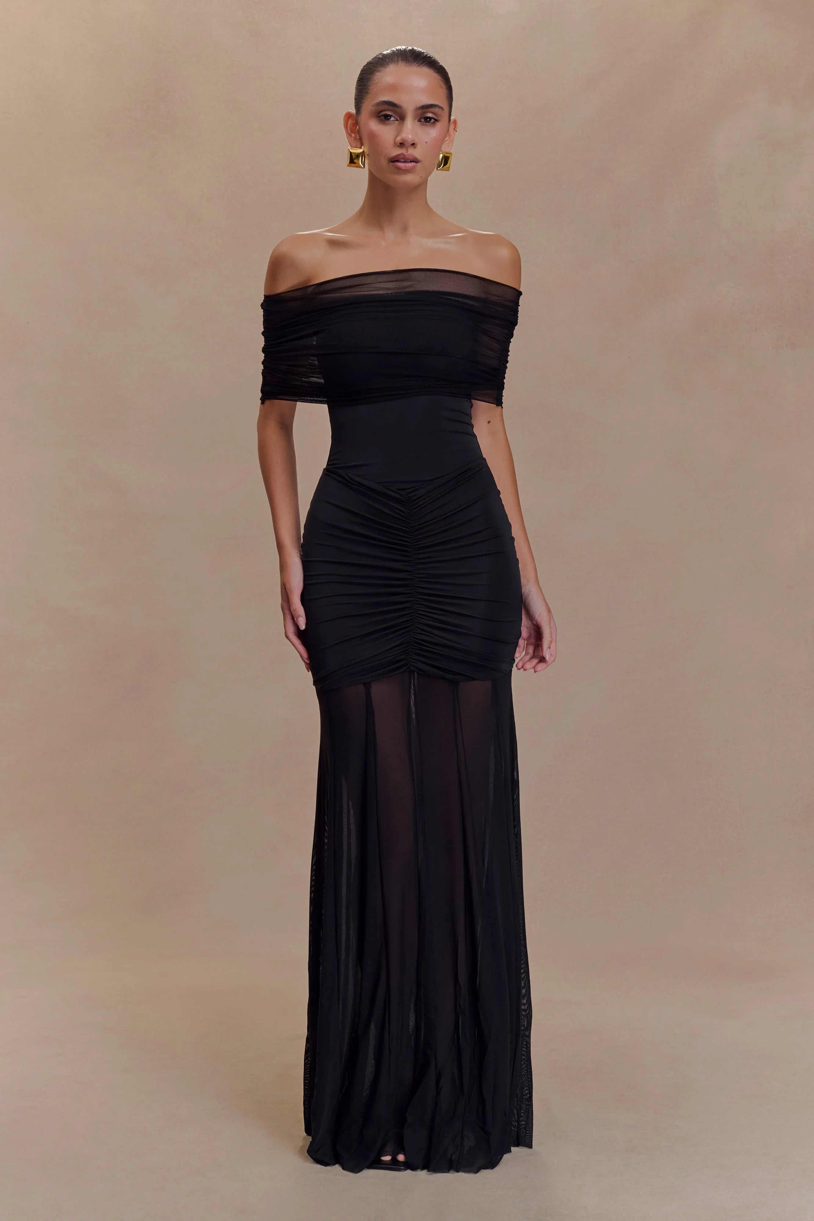 Caspian Slinky And Mesh Off Shoulder Maxi Dress Black