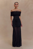 Caspian Slinky And Mesh Off Shoulder Maxi Dress Black