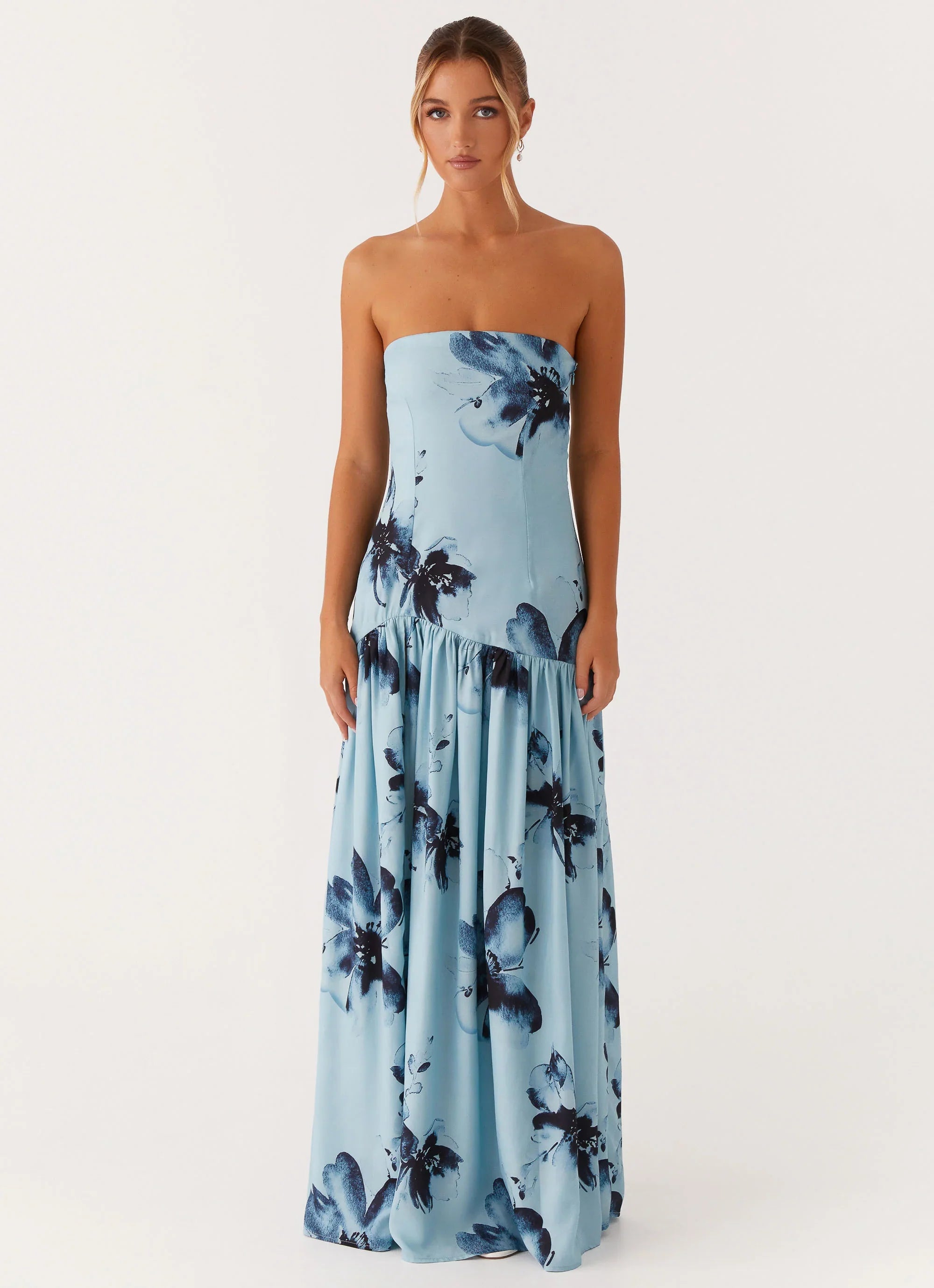 Eden Strapless Maxi Dress Blue Black Floral