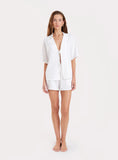 White Linen Blend Tie Front Short Sleeve Shirt