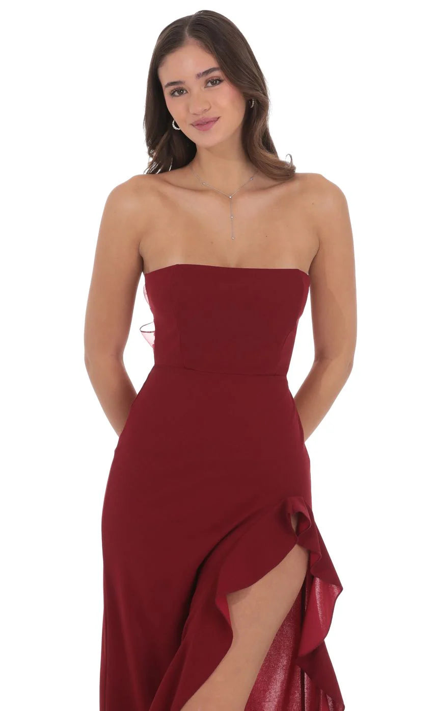 Corset Strapless Back Bow Maxi Dress in Maroon