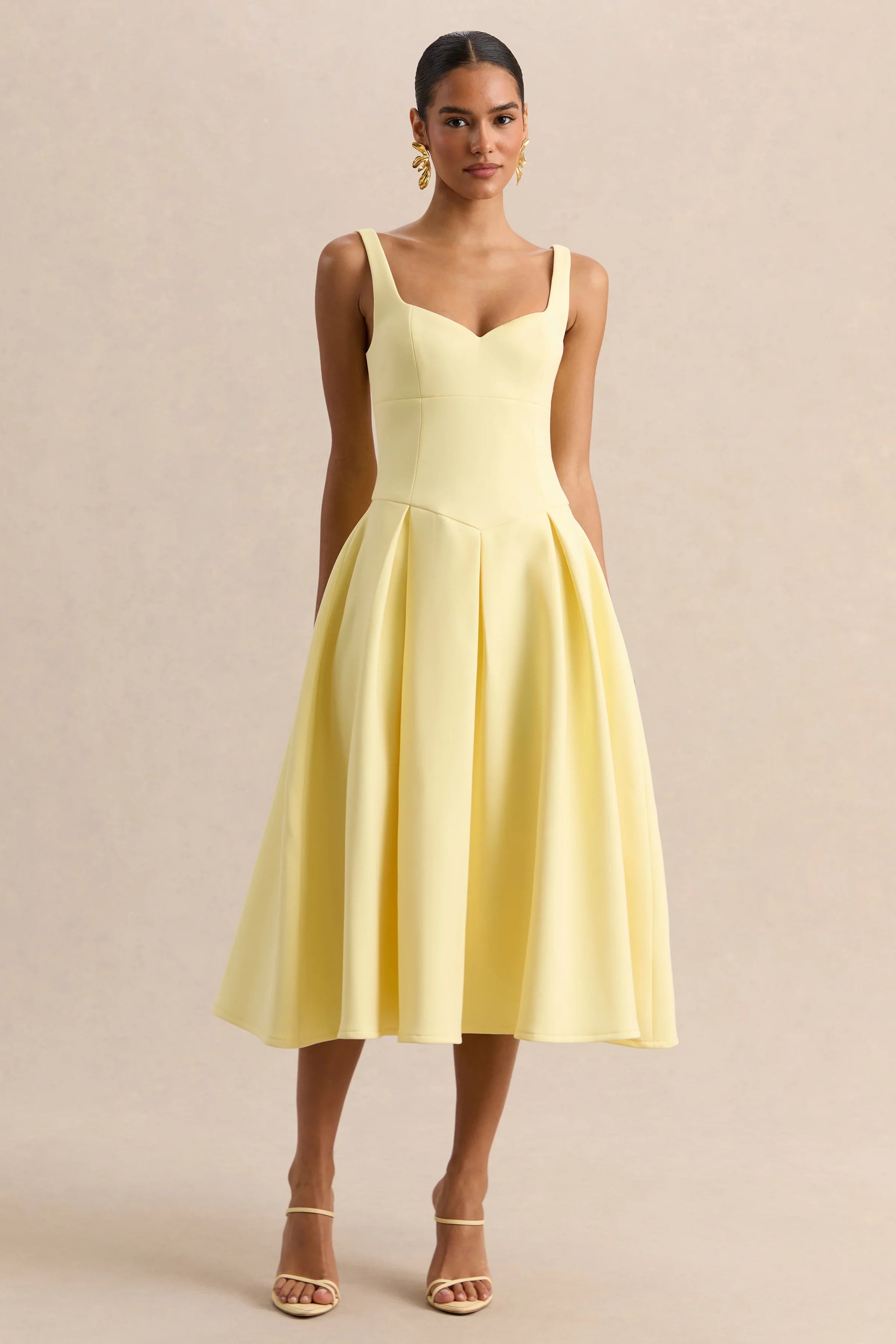 Greta Lemon Sweetheart Neck Midi Dress