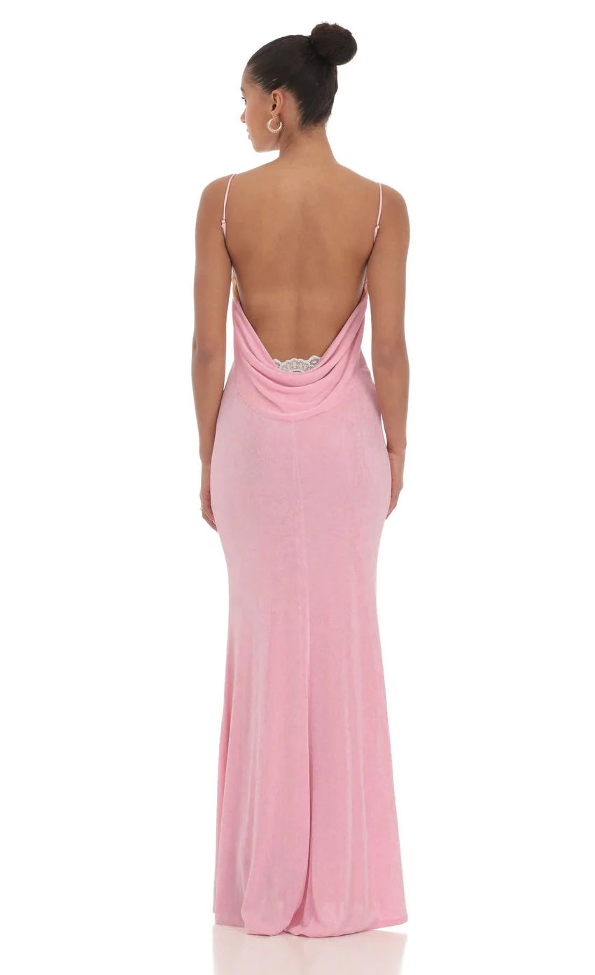 Lace Open Back Maxi Dress in Pink