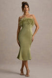 One And Only Light Green Satin Feather Trim Bandeau Midi Dress