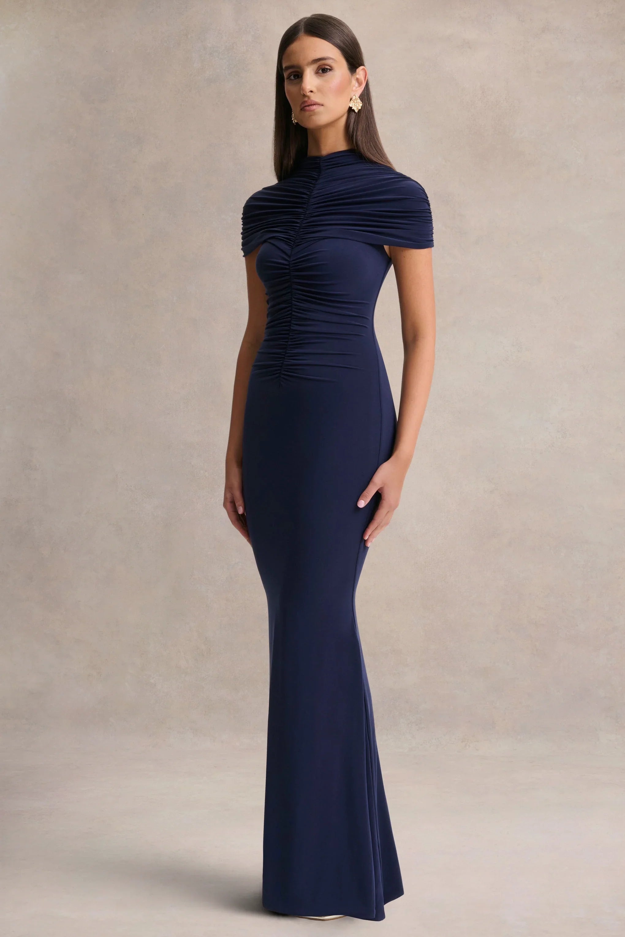 Azaria Navy High Neck Maxi Dress With Ruched Detailing