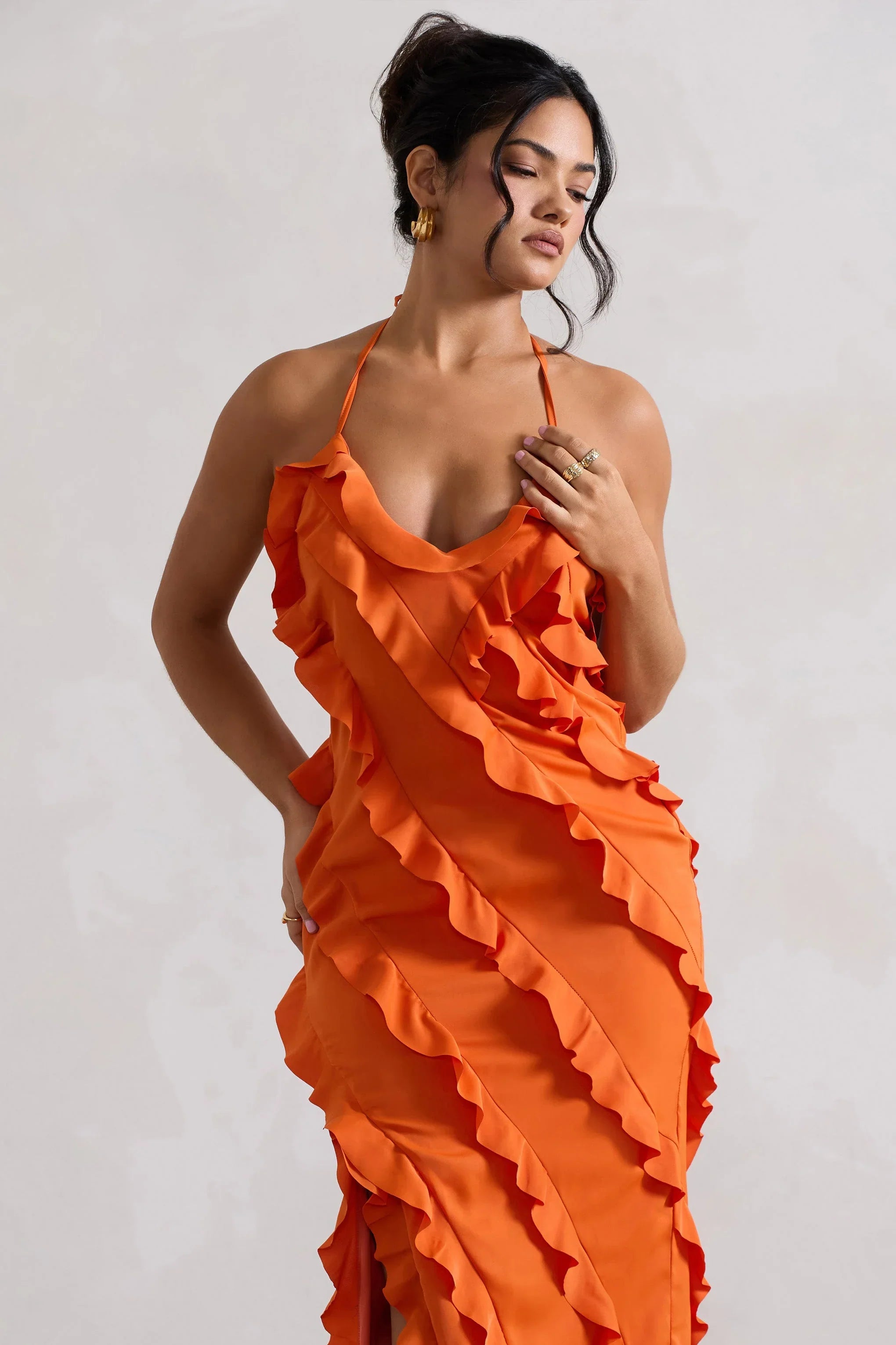 Full On Orange V Neck Ruffle Maxi Dress