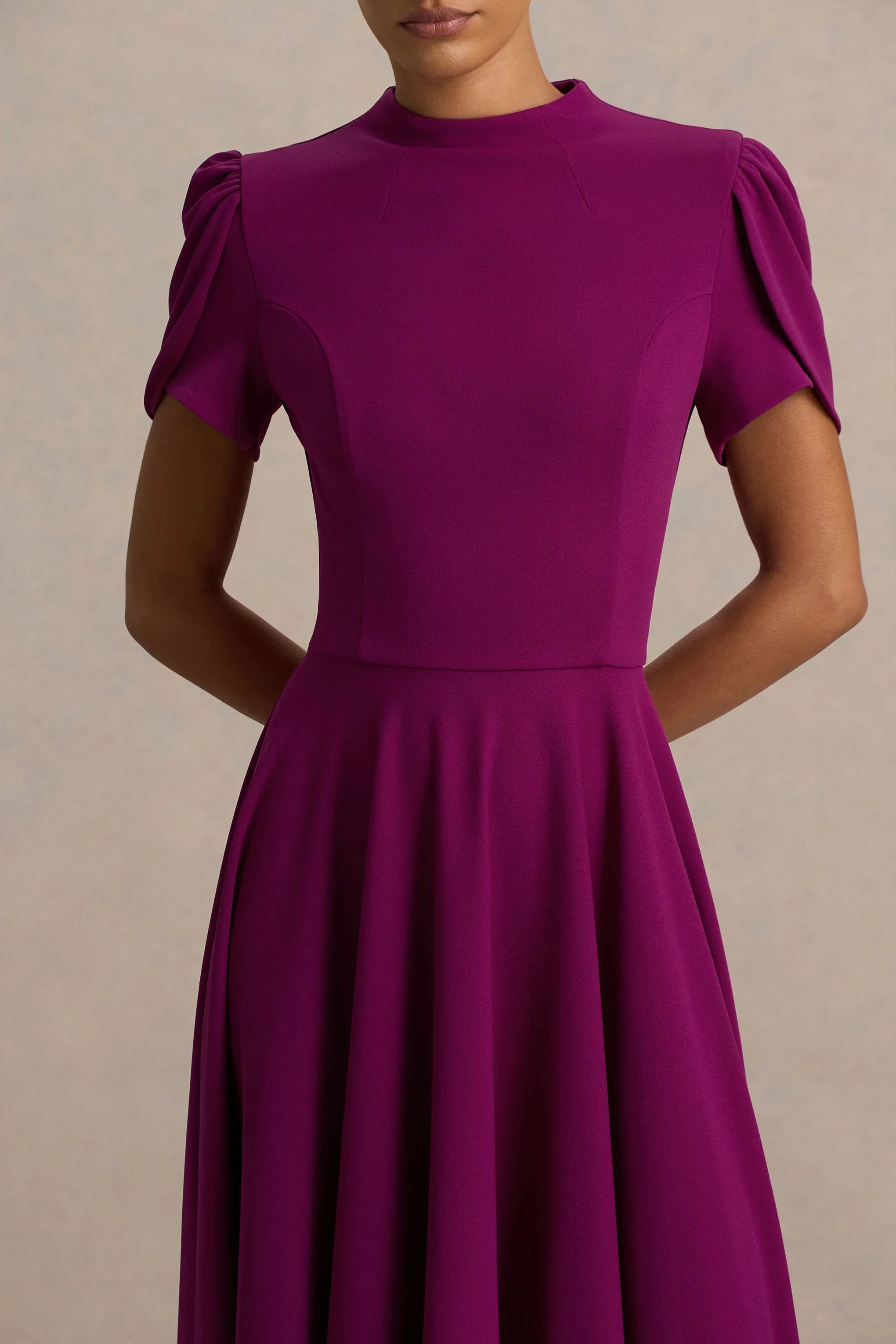 Vicky Mulberry High Neck Midi Dress With Puff Sleeves