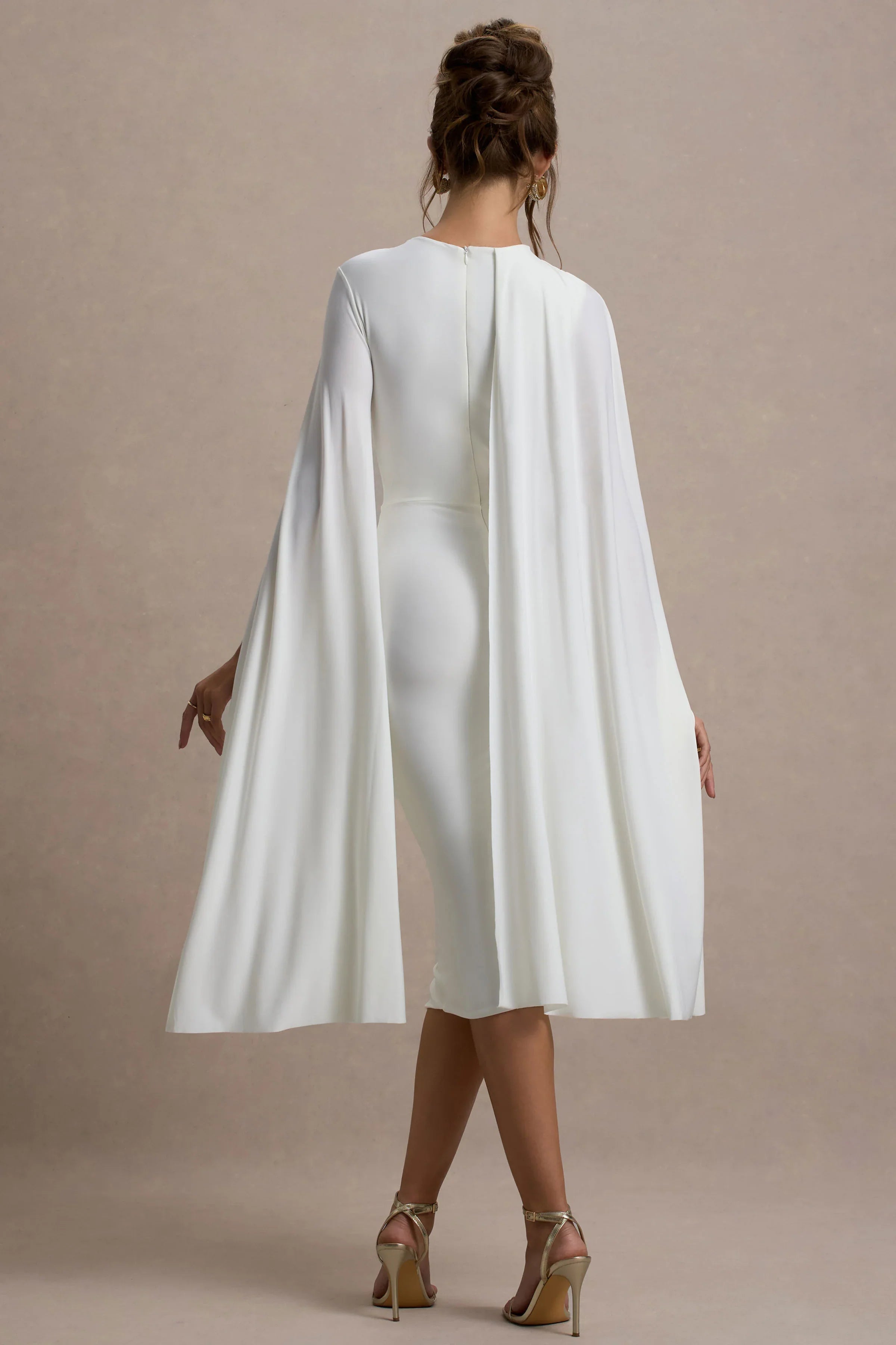 Marysol White Asymmetric Cape Midi Dress
