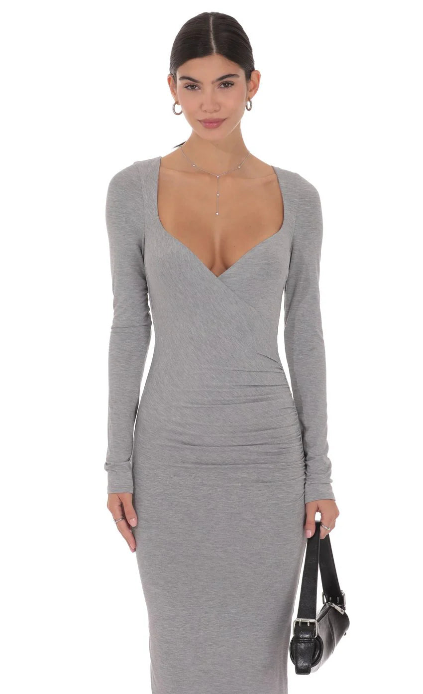 V Neck Long Sleeve Maxi Dress in Grey