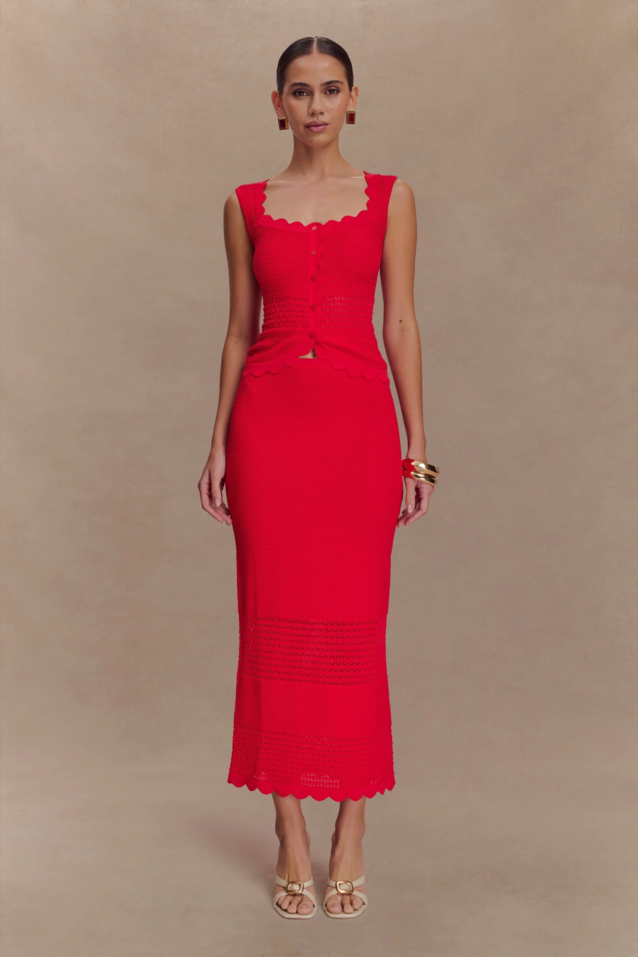 Madeline Scallop Knit Midi Skirt Red